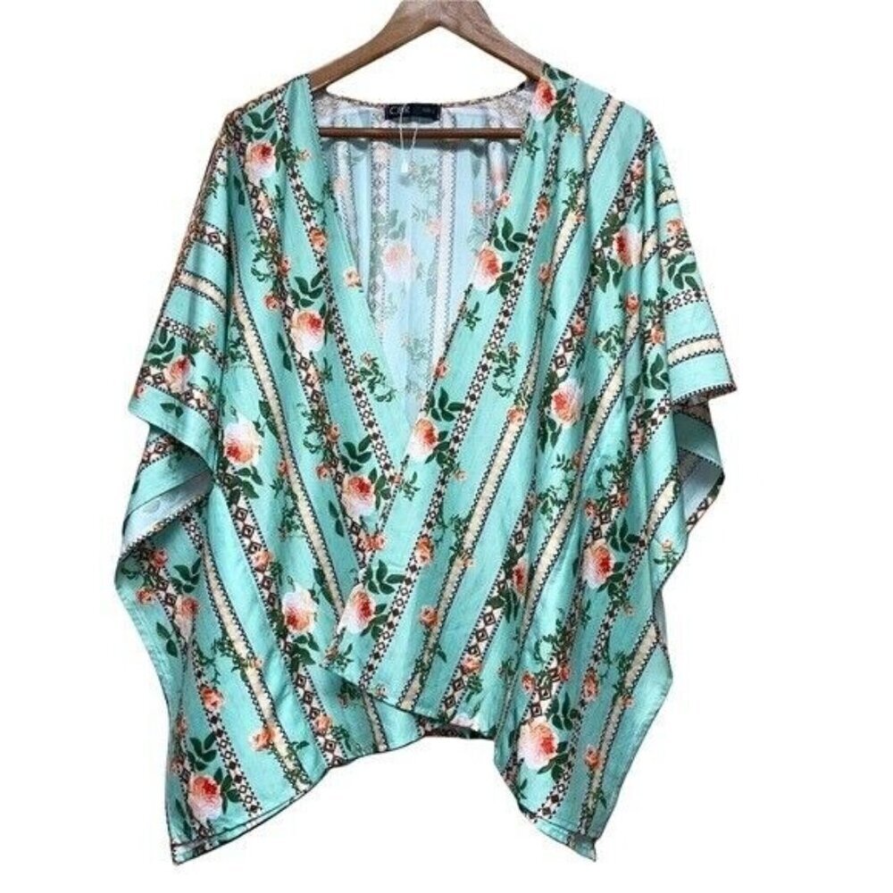 CBR Green Short Aztec Floral RoseKimono Wrap Women's Size Large